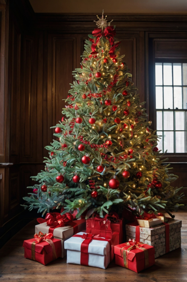 old money christmas tree with red accents