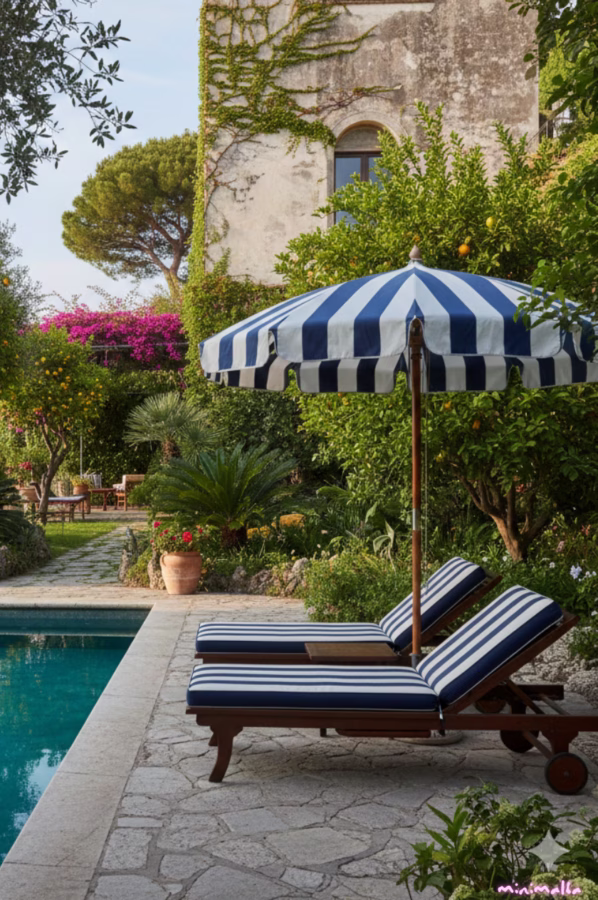 amalfi coast Retro Striped Parasols and Matching Loungers